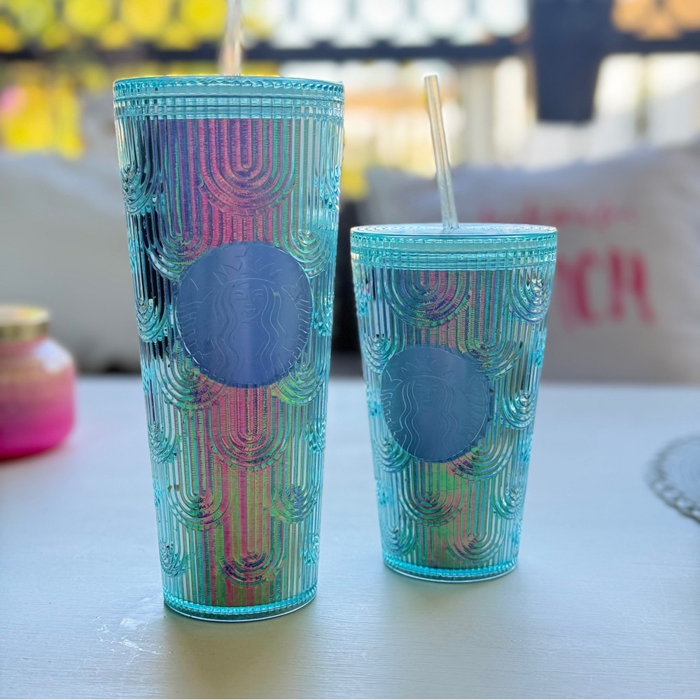 Starbucks Iridescent Tumblers with Mermaid Scales and Pink/Blue Hues